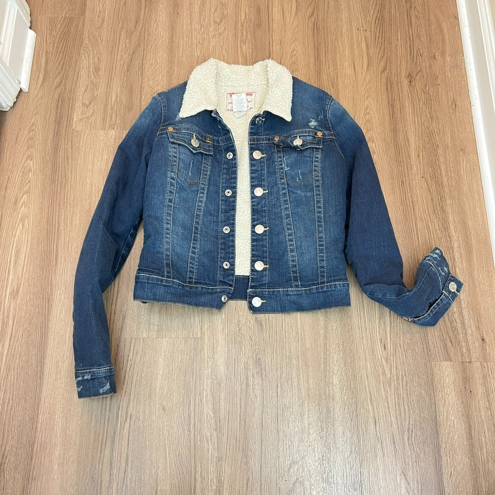 True Religion L Emily Sherpa Lined Denim Jean Jacket Trucker Western Y2K Slim